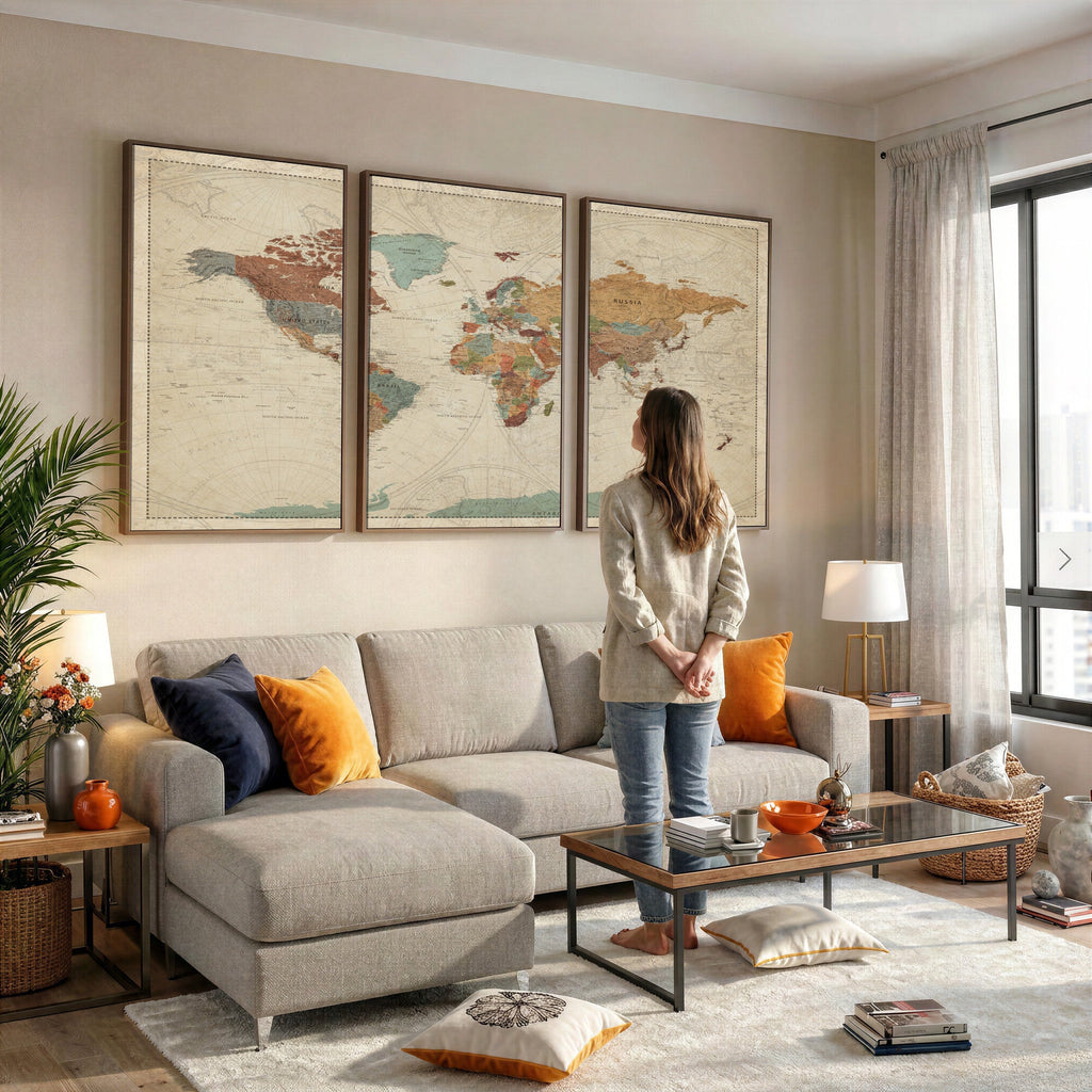 Vintage World Map Canvas Wall Art Print | Framed Modern World Map