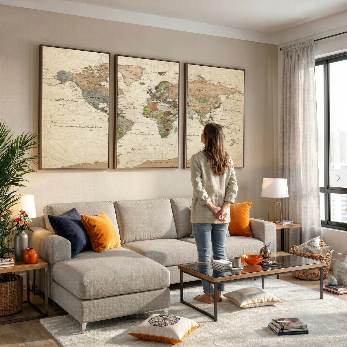 Framed World Map Wall Art for Home and Office Decor