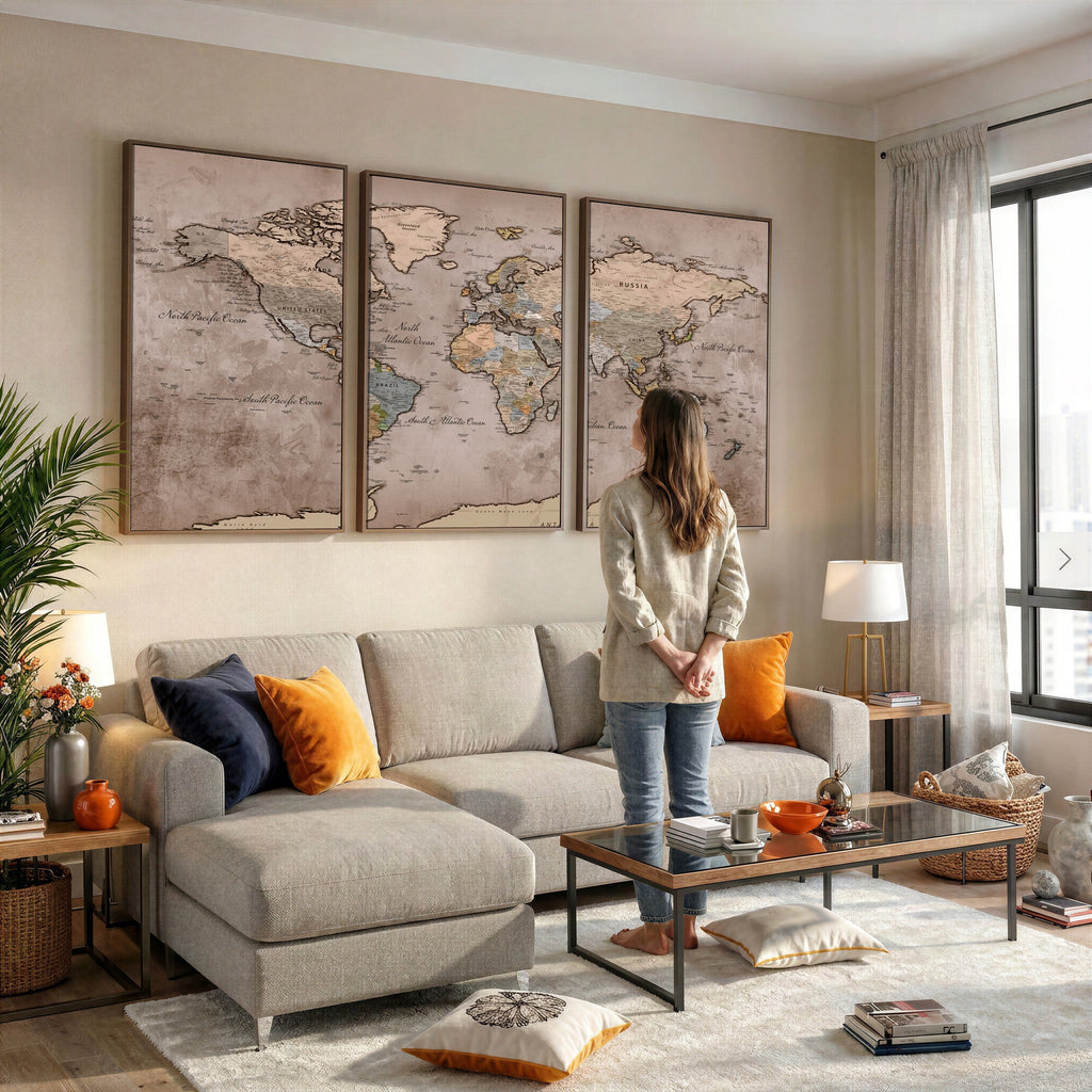 Grunge World Map Canvas Wall Art - Vintage Aged World Map with Golden Tones