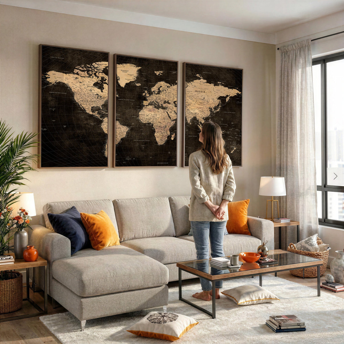 Brown World Map Canvas Print | Modern Travel Map Wall Art