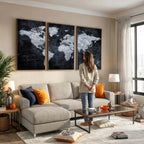 Black World Map Canvas Print | Detailed Map for Couples and Anniversary Gift