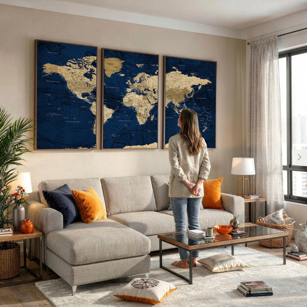 Navy Blue World Map Canvas Print | Detailed Minimal Navy Map Artwork