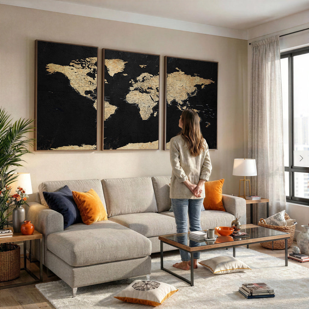 Beige World Map Canvas Wall Art Print, Minimal Black and Beige Map