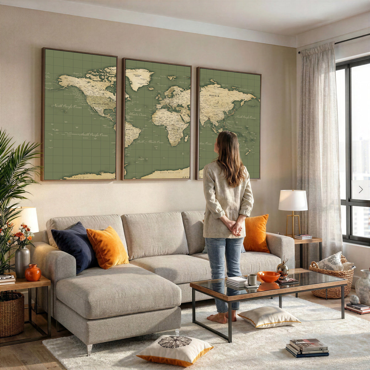 Vintage World Map Canvas Wall Art Print, Classic Global Map Artwork