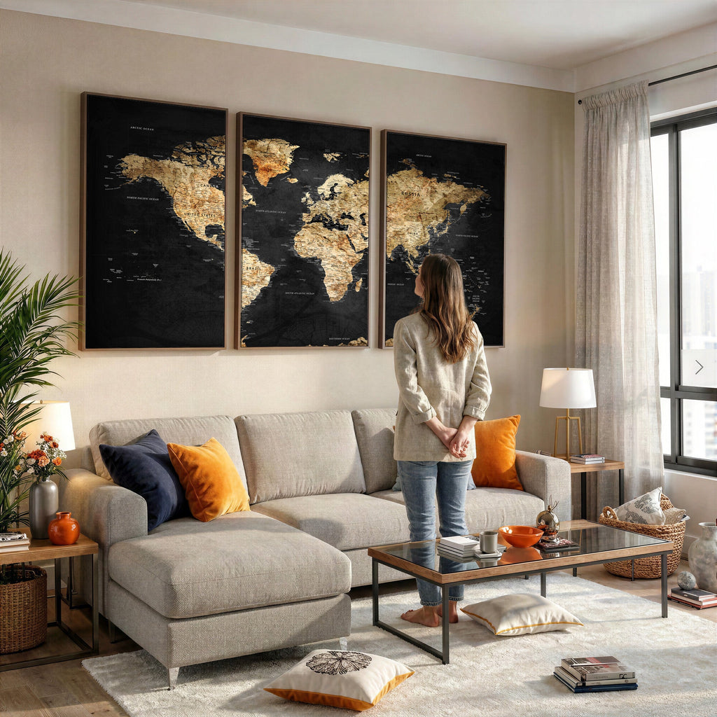 World Map Canvas Wall Art with Famous Landmarks | Framed Travel Map
