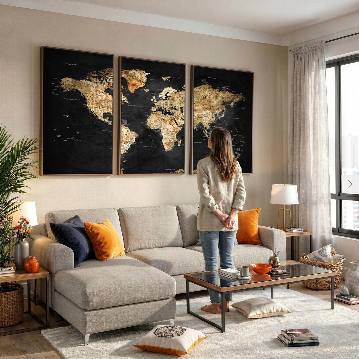 World Map Canvas Wall Art with Famous Landmarks | Framed Travel Map