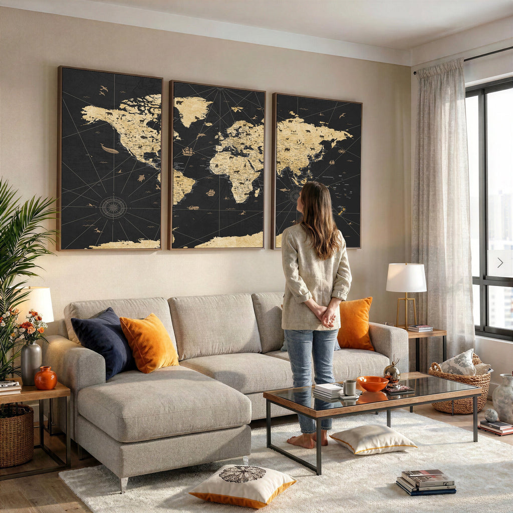 Vintage Blue and Brown World Map Canvas Wall Art | Framed Rustic Map Print