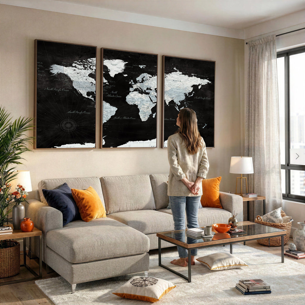 World Map Canvas Print | Framed Push Pin Wall Art, Color Splash Travel Map