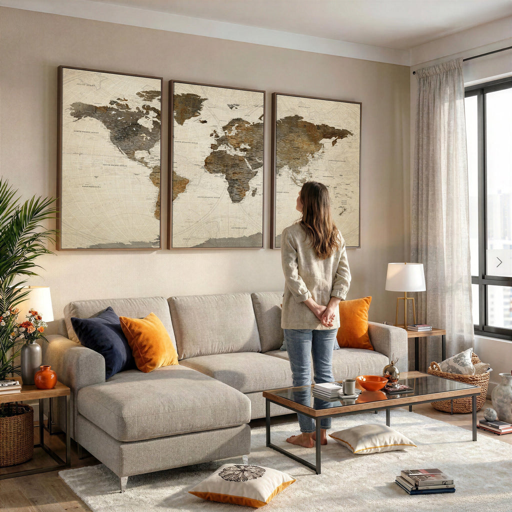 Vintage World Map Canvas Wall Art | Framed Antique Style Travel Map