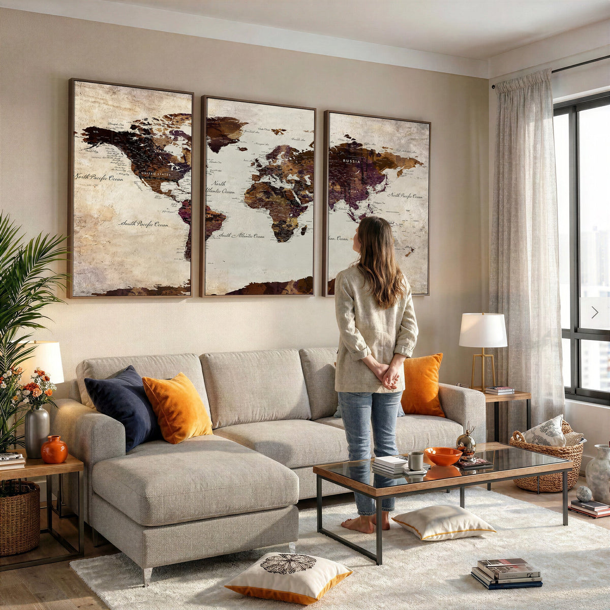World Map Canvas Triptych | Colorful Global Wall Art for Living Rooms