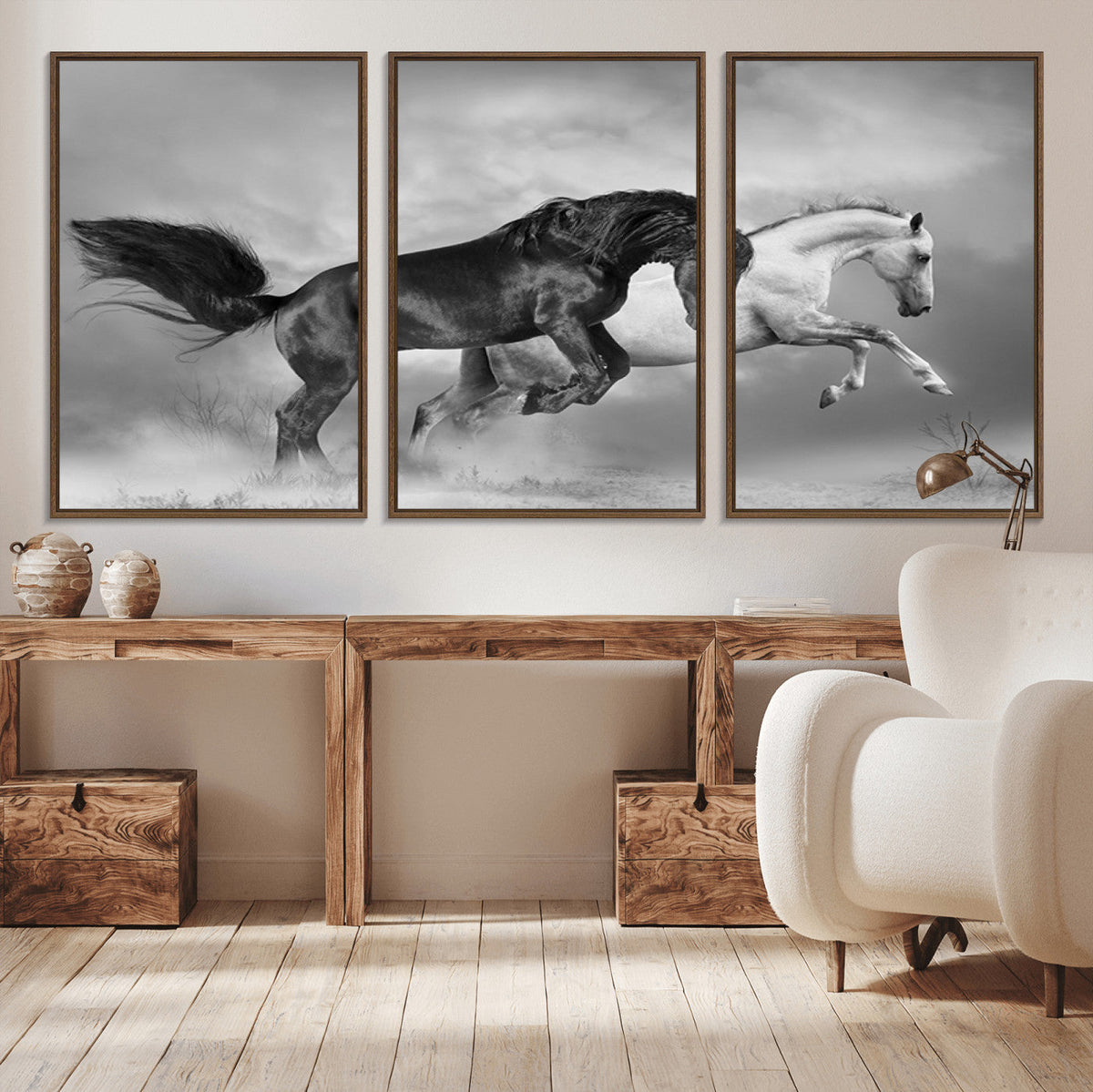 Wild Horses Wall Art Canvas Print, Framed Black and White Galloping Horses
