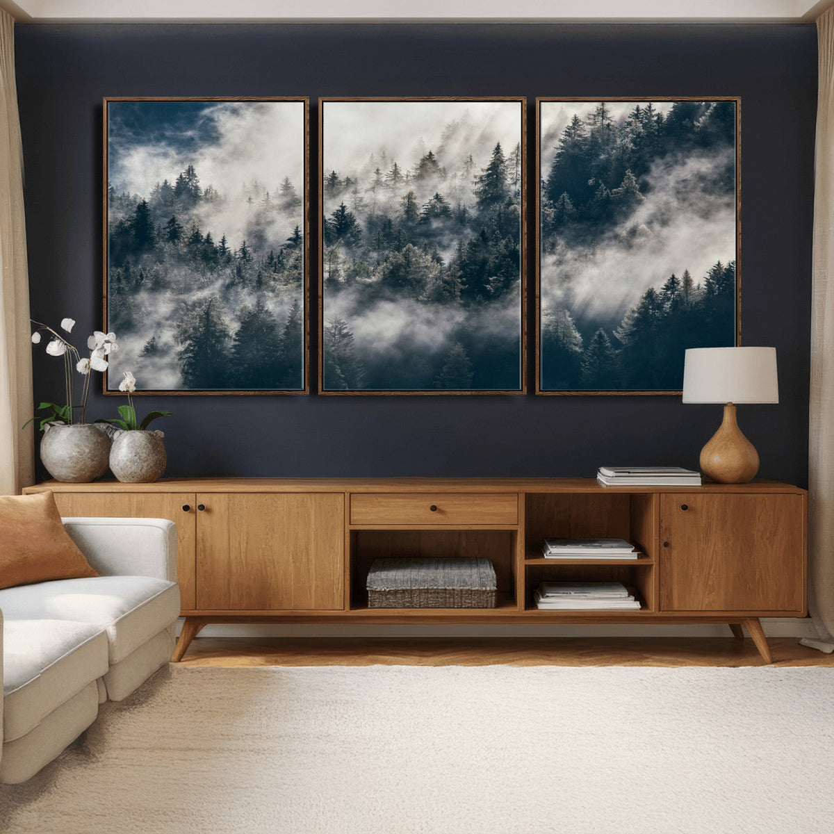 Foggy Mountain Forest Canvas Print, Misty Pine Trees Nature Wall Art
