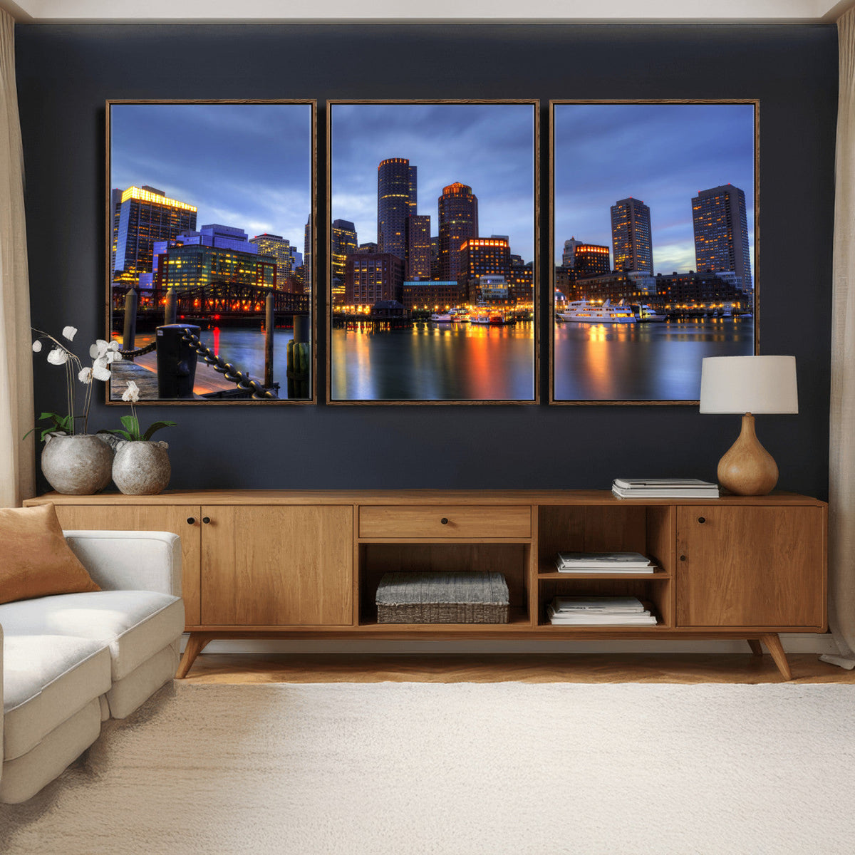 Boston Wall Art Canvas Print, Boston City Downtown Night Cityscape