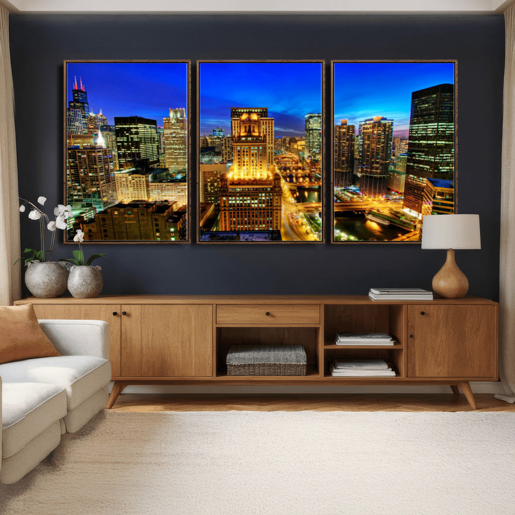 Chicago Wall Art Canvas Print - Chicago City Downtown Night Cityscape