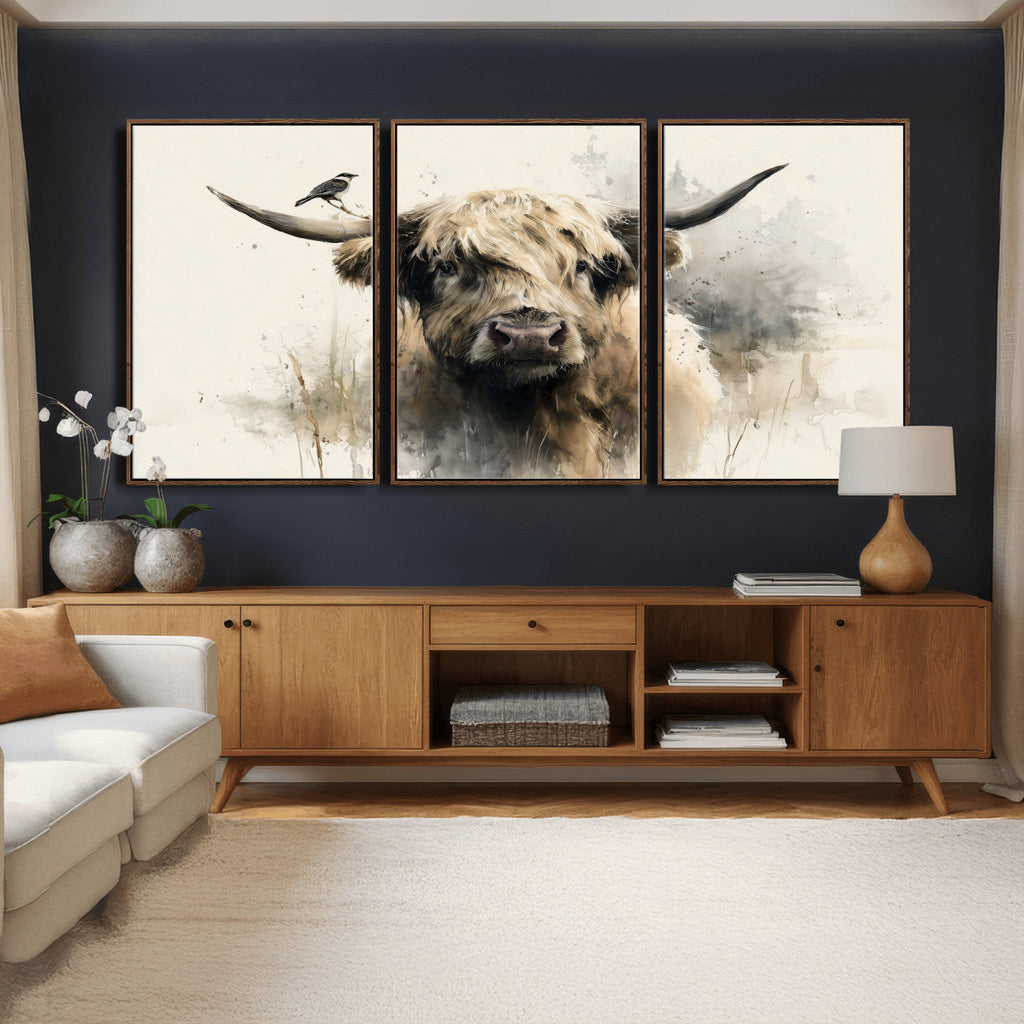 Abstract Highland Cow Wall Art Canvas Print, Rustic Farm Cattle Portrait