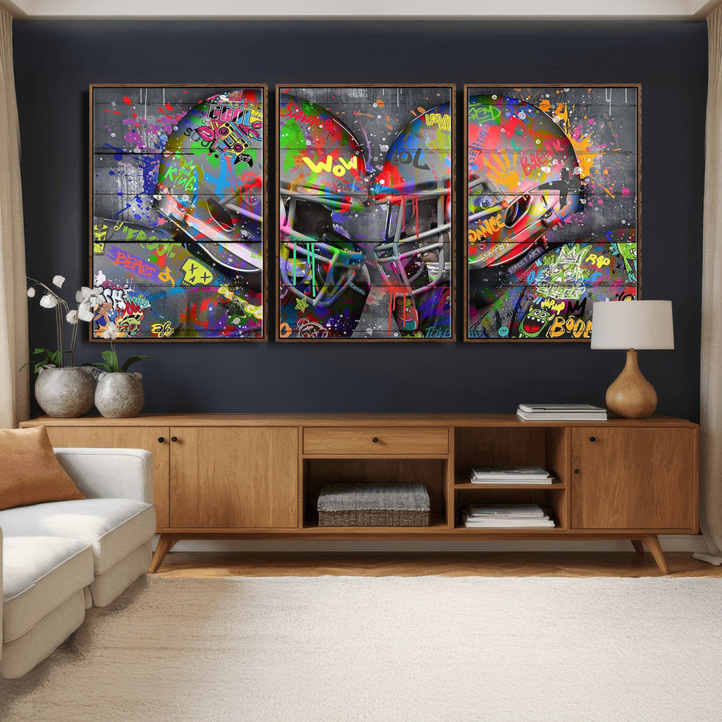 Graffiti Football Helmets Wall Art Canvas Print, Urban Street Art