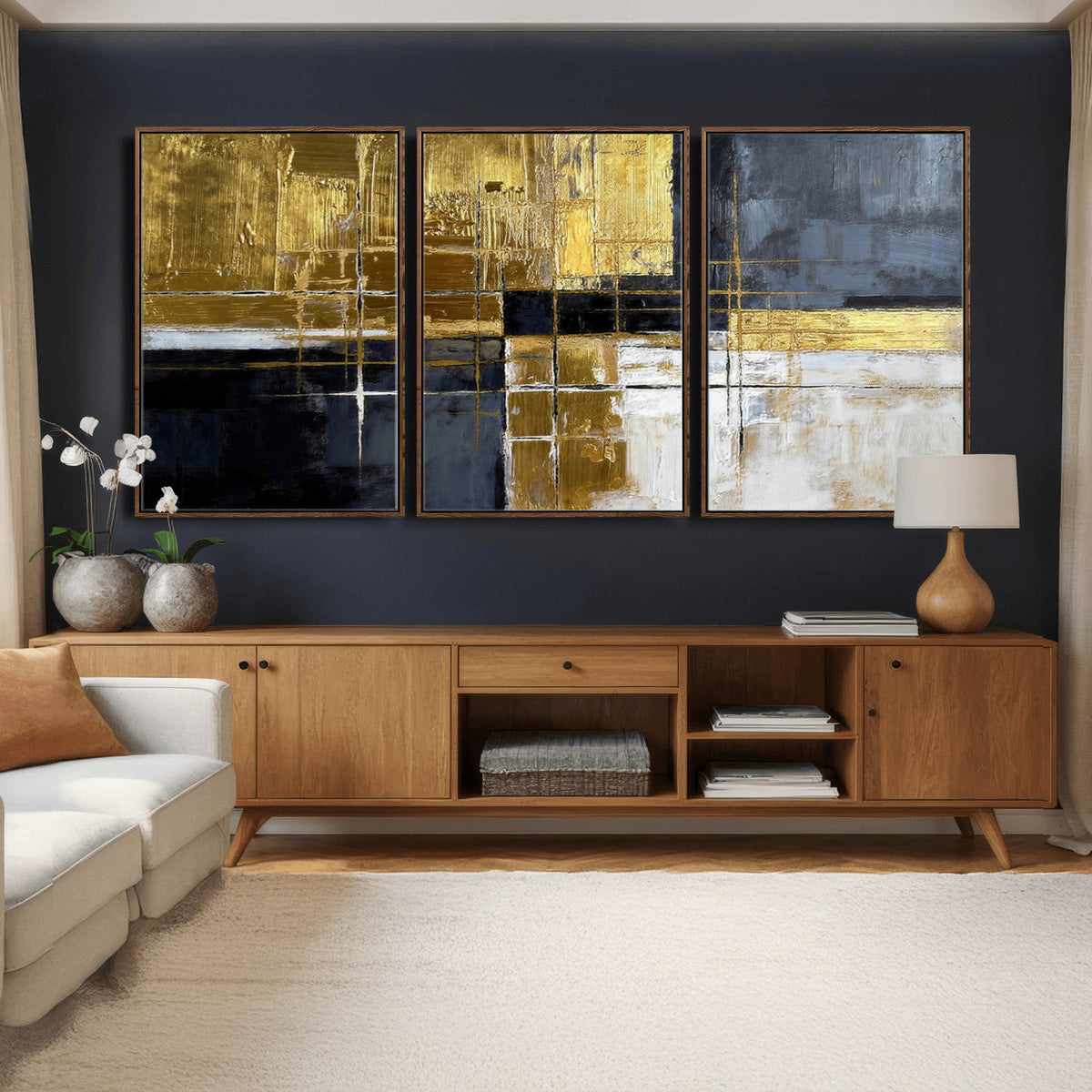 Gold Navy Abstract Wall Art Canvas Print, Modern Luxury Geometric Art for Living Room and Office