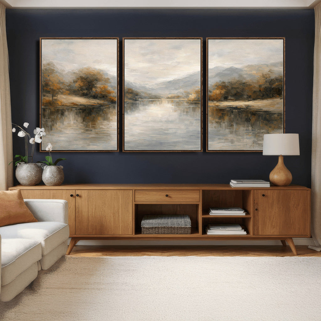 Neutral Abstract River Landscape Wall Art Canvas Print