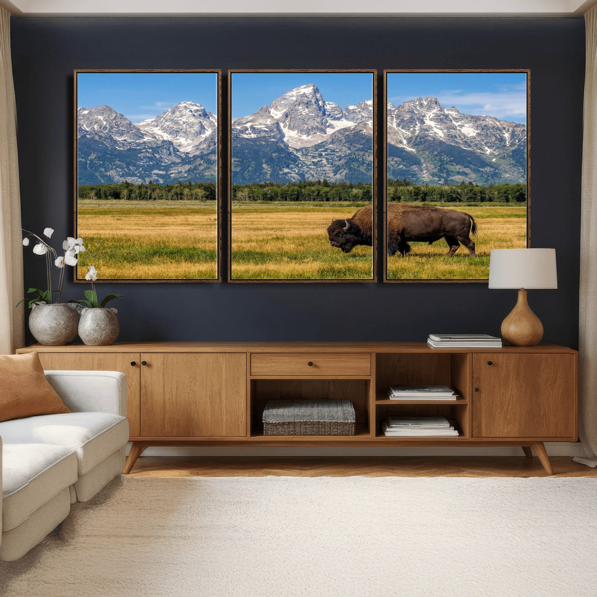 Bison in Mountain Landscape Wall Art Canvas Print, Western Decor