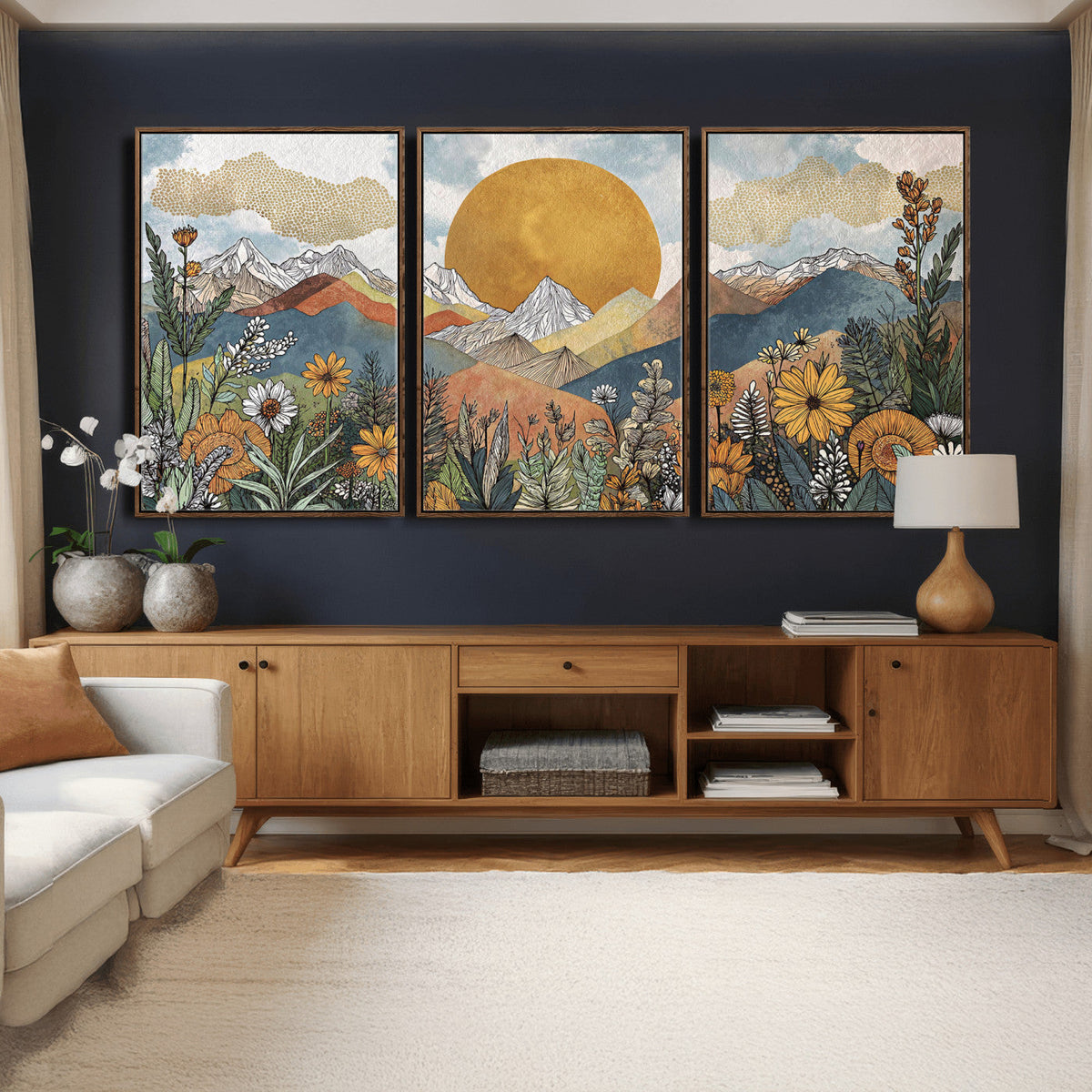 Boho Mountain Landscape Large Wall Art, Horizontal Gold Sun and Flowers Print