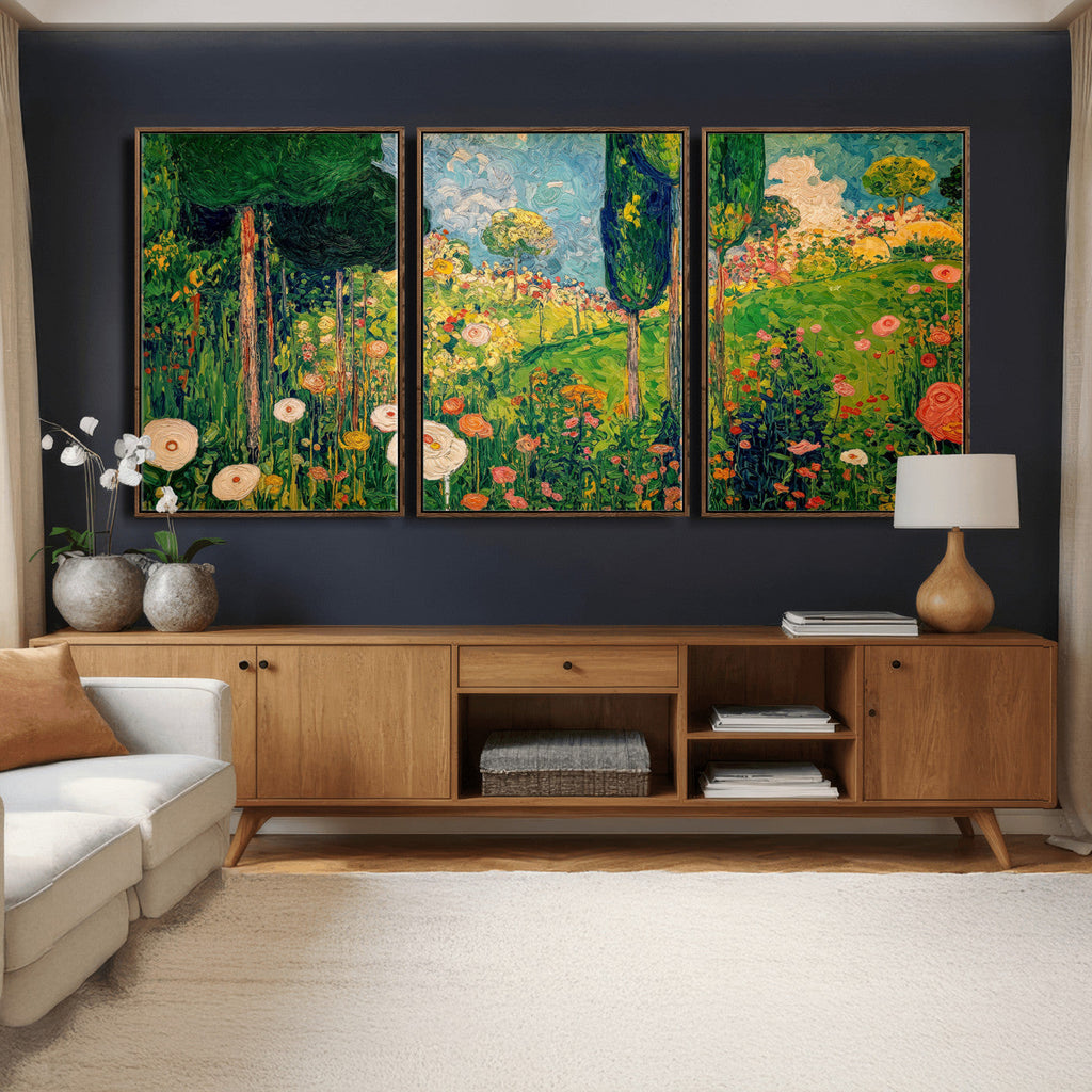 Gustav Klimt Boho Mountain Landscape Large Wall Art, Gold Sun and Flowers Print