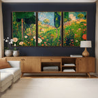 Gustav Klimt Boho Mountain Landscape Large Wall Art, Gold Sun and Flowers Print