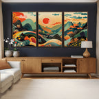 Yayoi Kusama Boho Mountain Landscape Large Wall Art, Gold Sun and Flowers Print