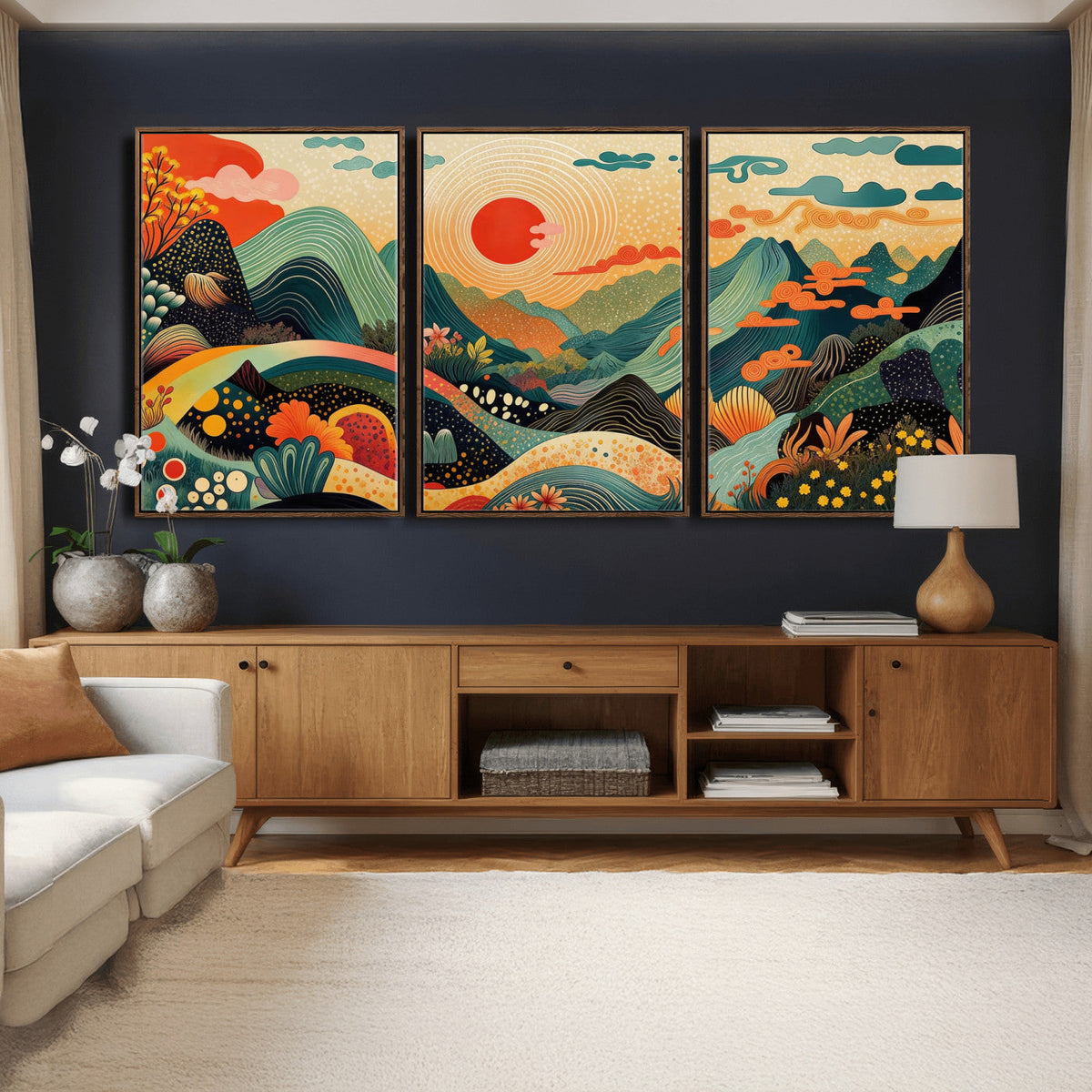 Yayoi Kusama Boho Mountain Landscape Large Wall Art, Gold Sun and Flowers Print