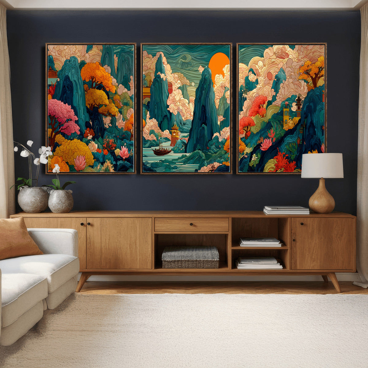 Colorful Japanese Landscape Print: Maximalist Panoramic Wall Art