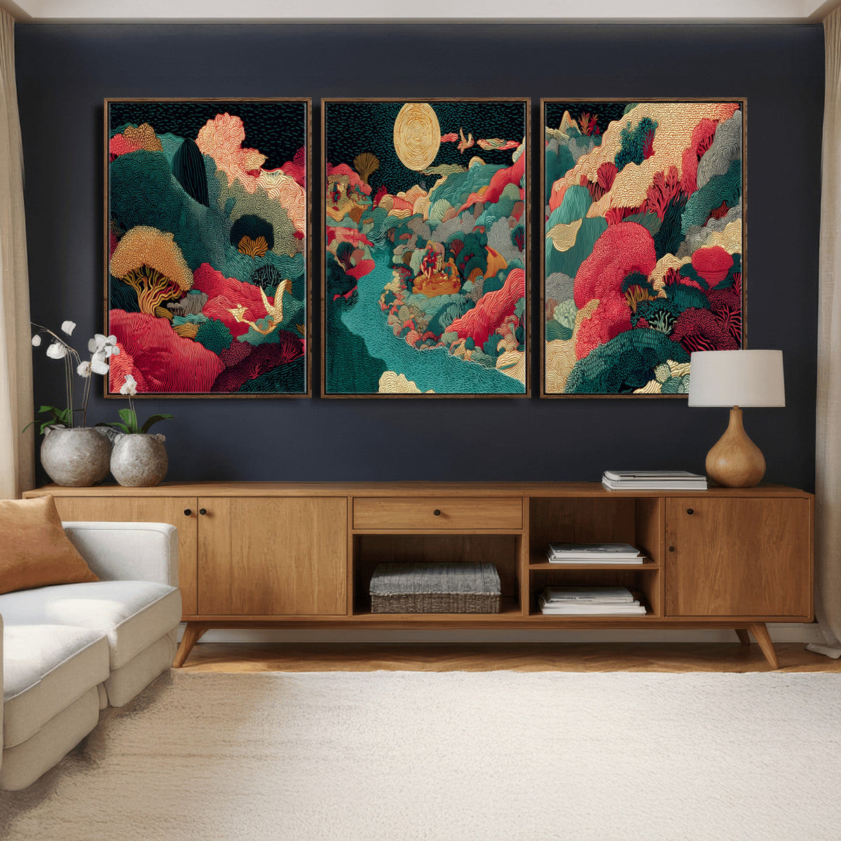 Colorful Japanese Landscape Print: Maximalist Panoramic Wall Art