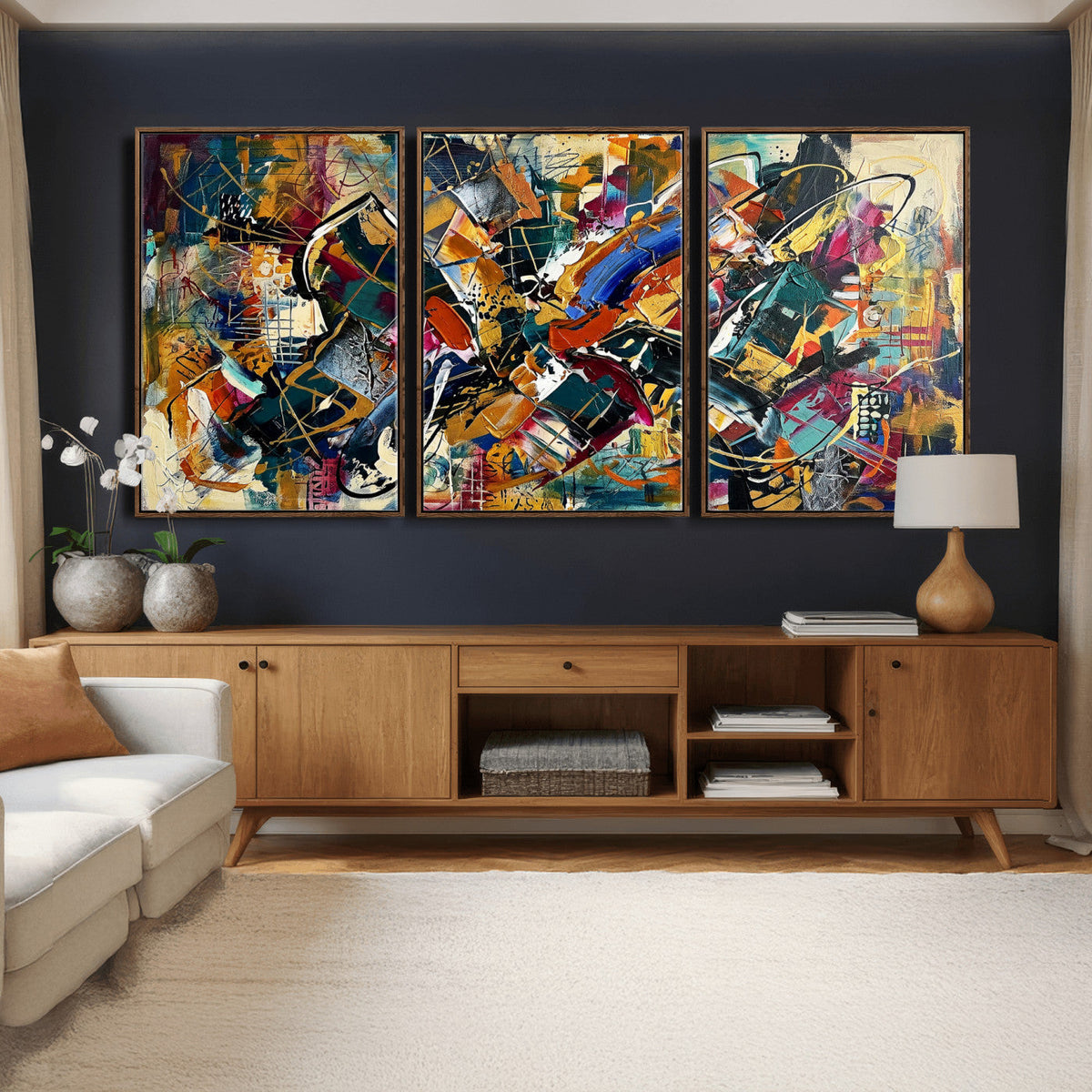 Geometric Abstract Wall Art Canvas Print, Orange Blue