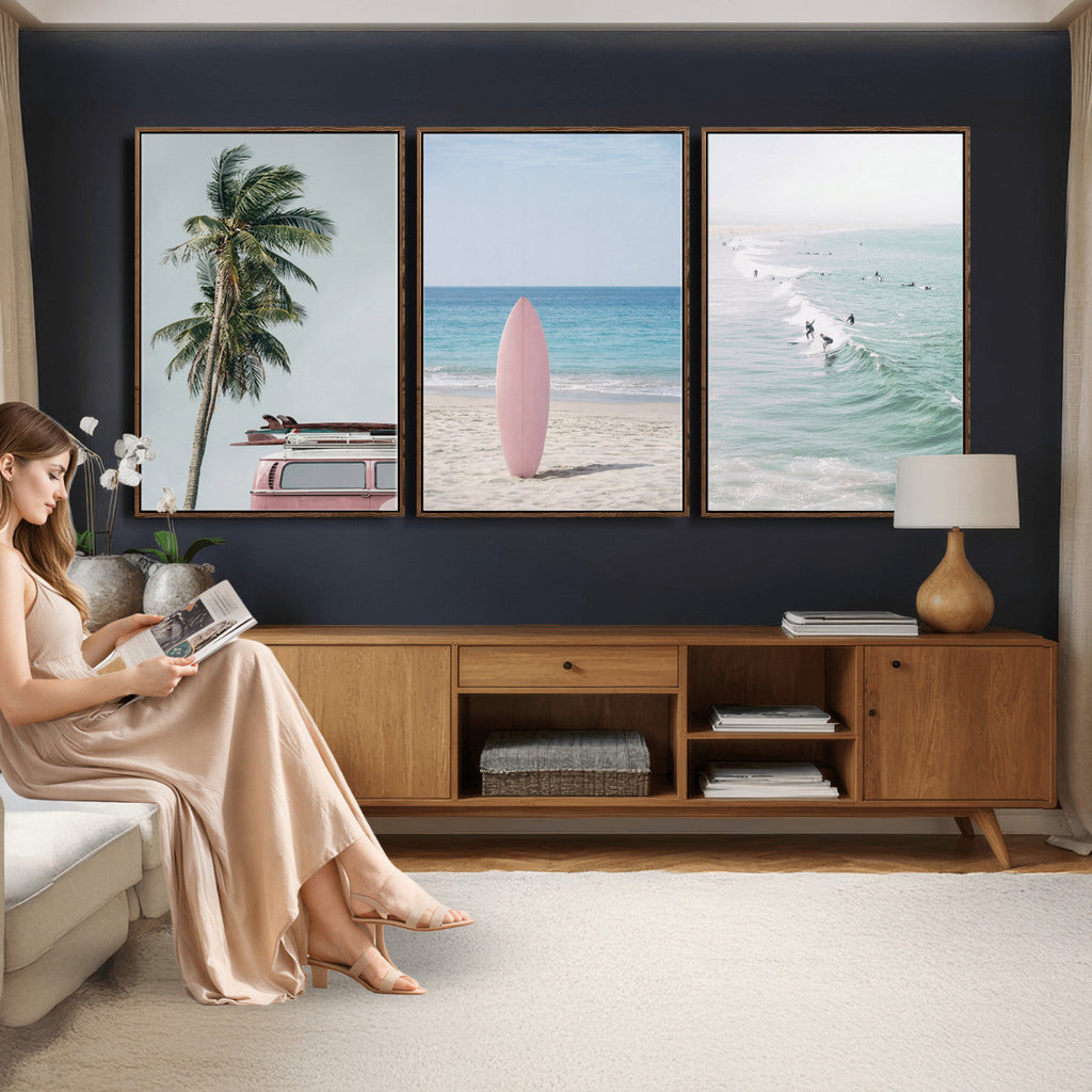Surf Canvas Wall Art Set, Pink Surfboard VW Van Palm Tree