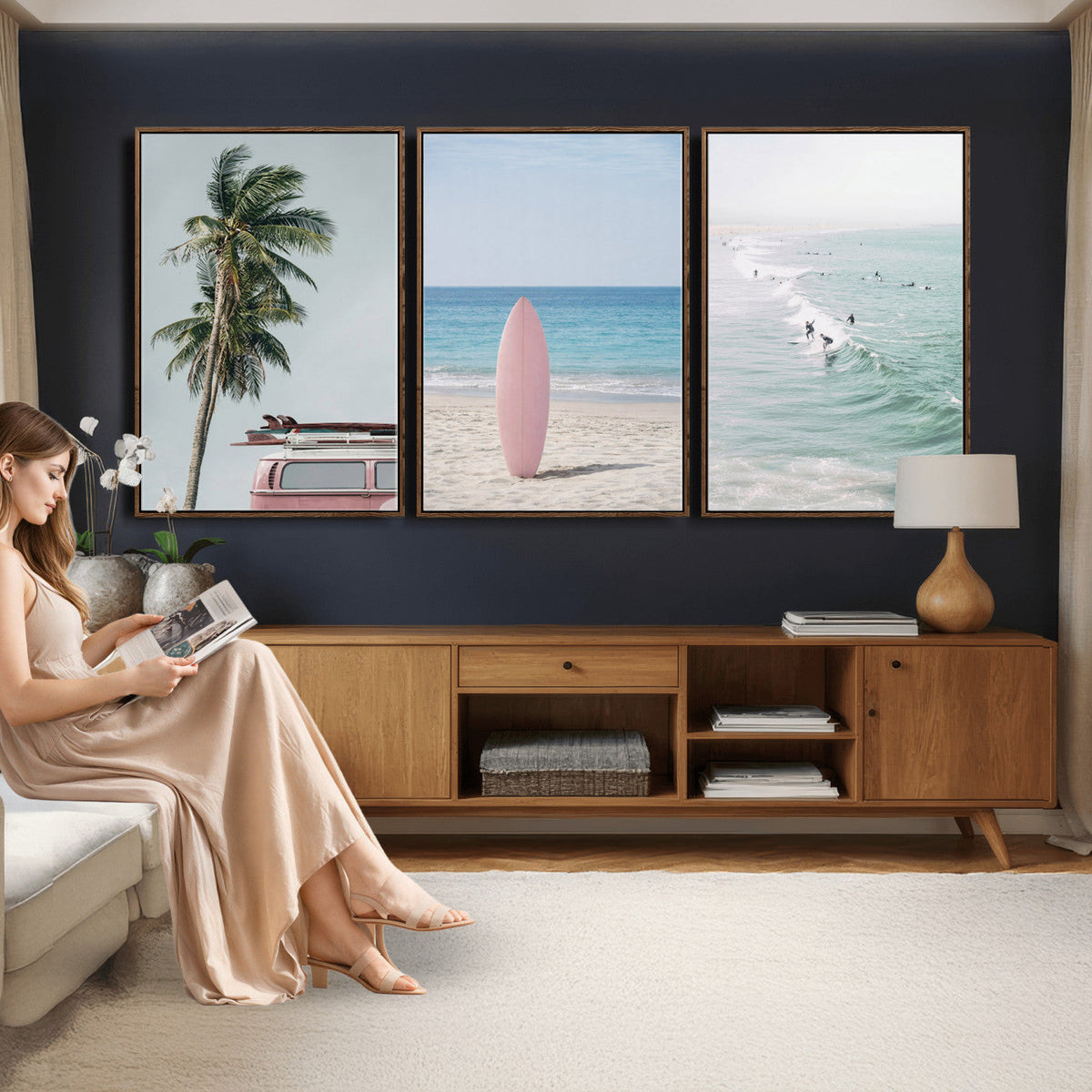Surf Canvas Wall Art Set, Pink Surfboard VW Van Palm Tree