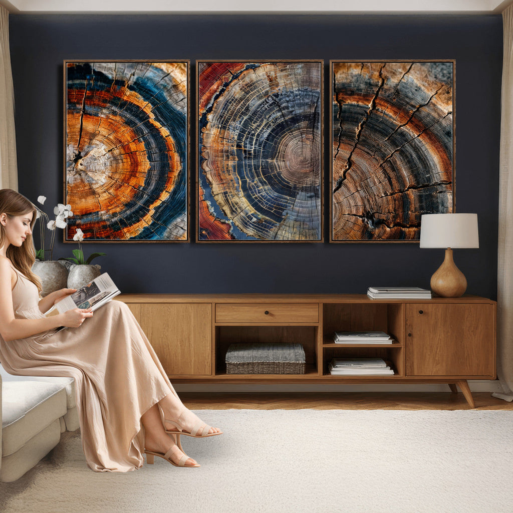 Tree Ring Canvas Wall Art, Wood Cross Section Triptych