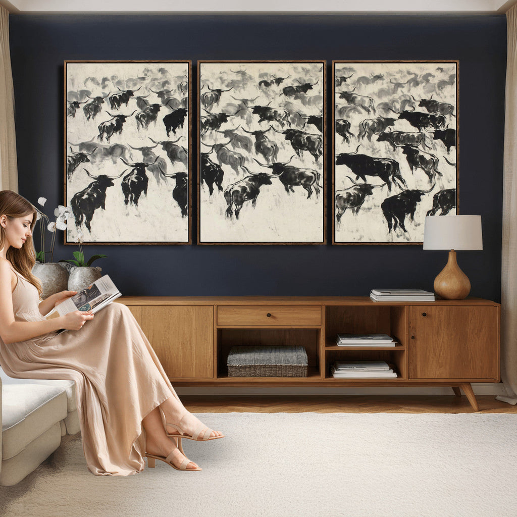Longhorn Cattle Canvas Wall Art, Black White Stampede Ink
