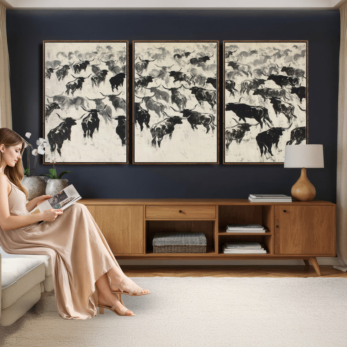 Longhorn Cattle Canvas Wall Art, Black White Stampede Ink