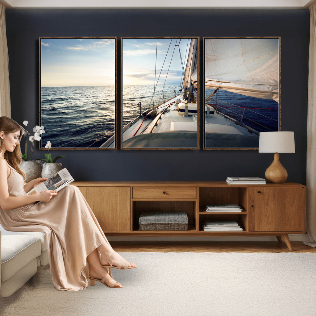 Sailboat Wall Art Canvas Print, Ocean Sunset Sailing Framed Artwork