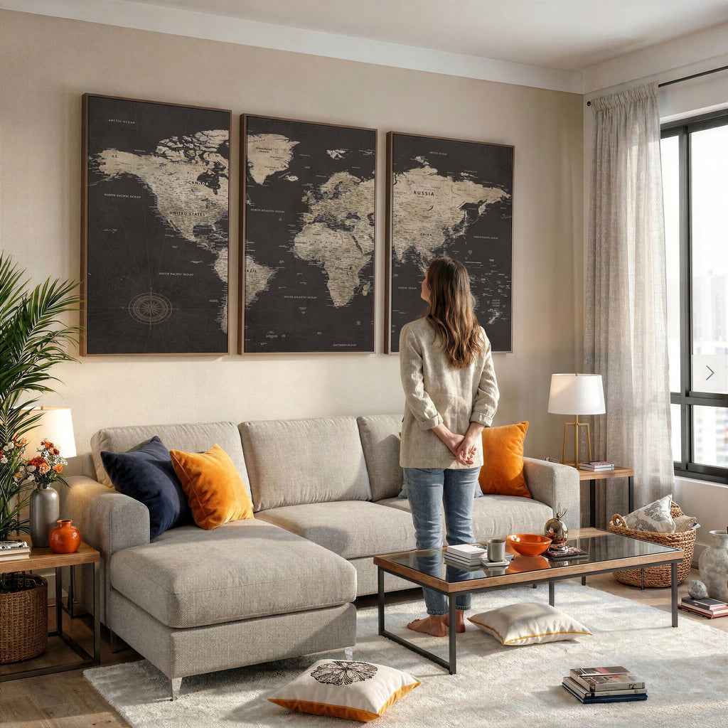 World Map Canvas Wall Art, Dark Charcoal and Antique Tan Detailed Map