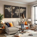 World Map Canvas Wall Art, Dark Charcoal and Antique Tan Detailed Map