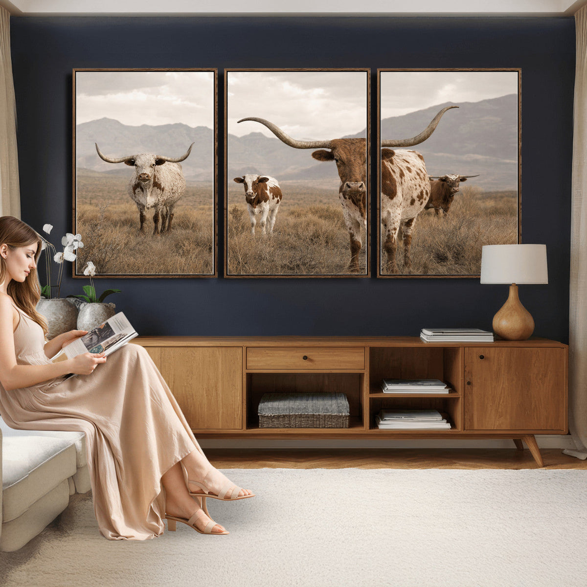 Rustic Texas Longhorn Cow Canvas Wall Art Print, Farm Animal Photography