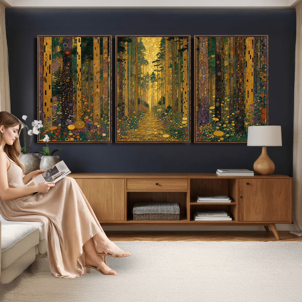 Gustav Klimt Style Forest Canvas Wall Art, Golden Forest Path Floral Art Nouveau Print