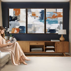 Blue Teal Abstract Canvas Wall Art, Modern Brushstroke Style Print, Navy Orange Contemporary Decor