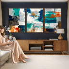 Blue Teal Abstract Canvas Wall Art, Modern Brushstroke Style Print, Navy Orange Contemporary Decor