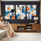 Blue Teal Abstract Canvas Wall Art, Modern Brushstroke Style Painting Print, Navy Orange Contemporary Decor