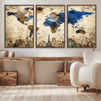 World Map Canvas Print | Vintage Blue and Gold World Map Wall Art