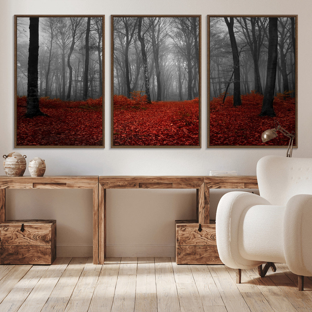 Red Forest Floor Canvas Wall Art | Mystical Foggy Woodland Triptych