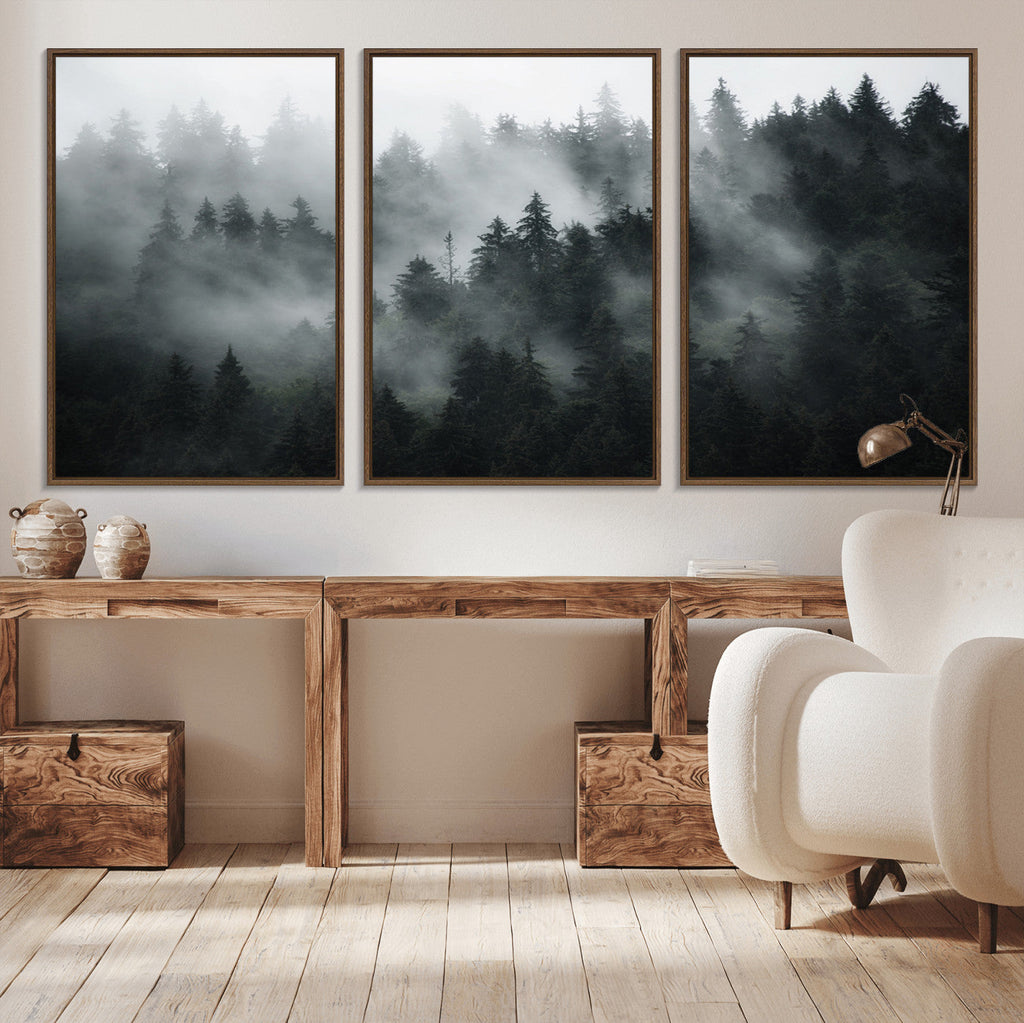 Foggy Forest Wall Art Canvas Print | 3 Panel Large Misty Landscape