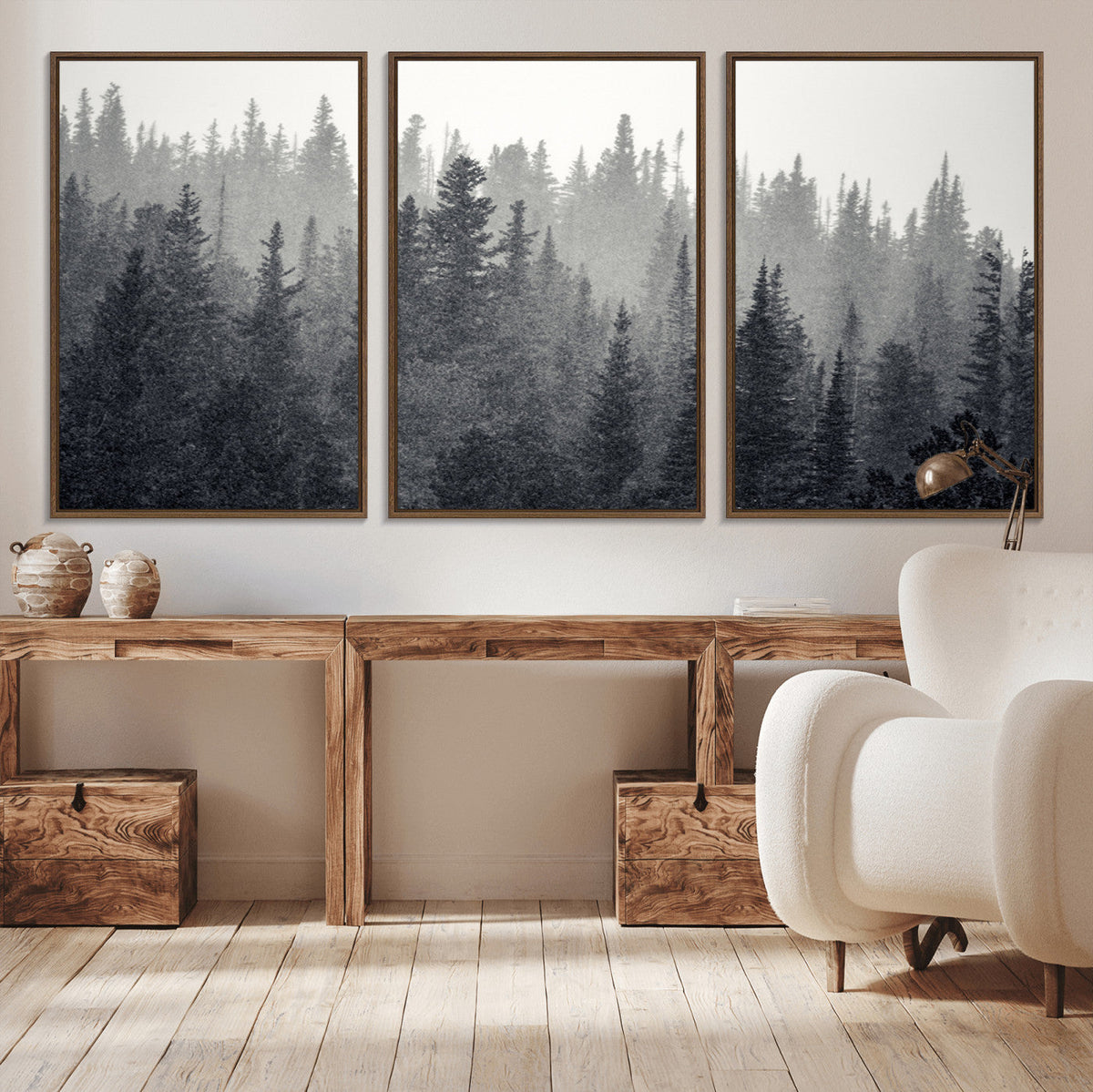 Misty Forest Canvas Wall Art | Monochrome Triptych Pine Tree Print