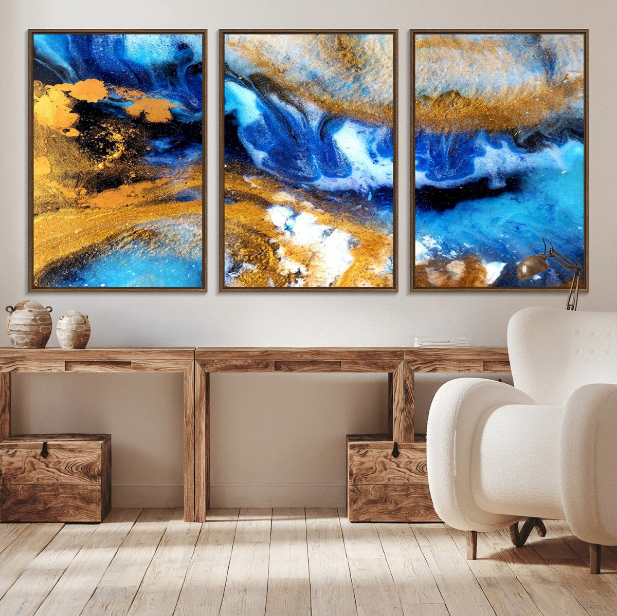 Blue Orange Marble Fluid Effect Canvas Wall Art Print