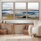 Abstract Landscape Wall Art Canvas | 3 Panel Modern Blue, Gold and White Canvas Art
